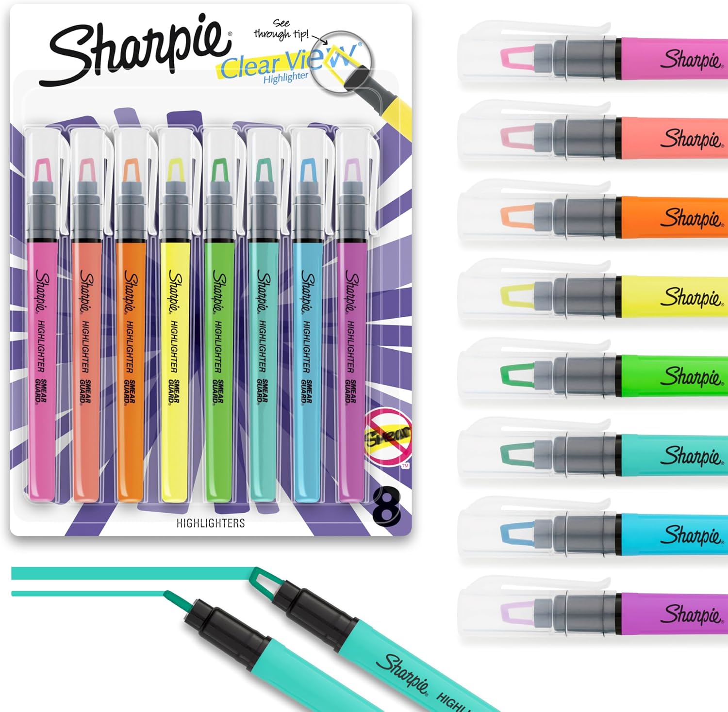 Sharpie Clear View Highlighter Sticks Chisel Tip Assorted Fluorescent 8 Count