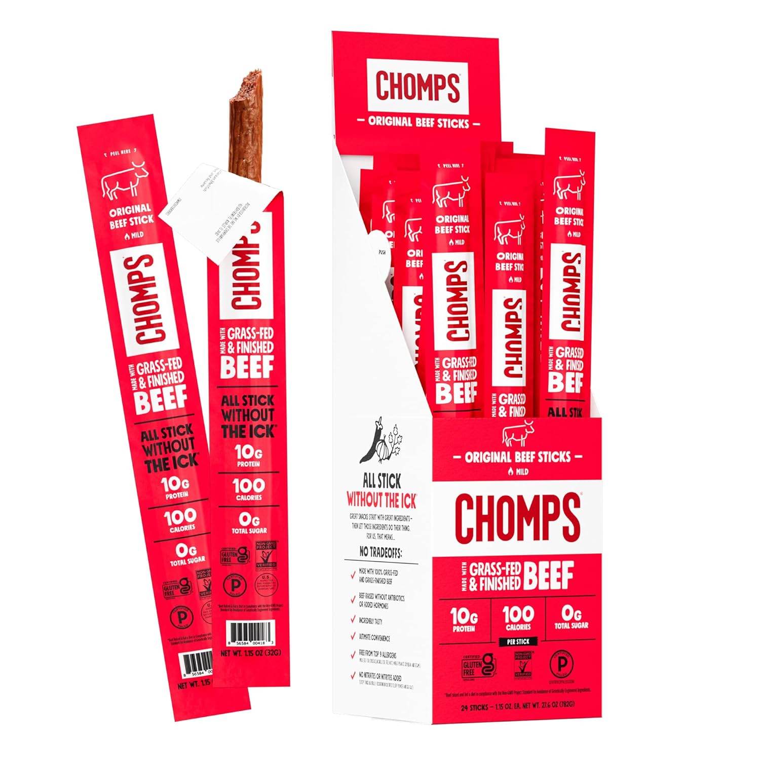 Chomps Grass-Fed and Finished Original Beef Jerky Snack Sticks 24-Pack, Keto, Paleo, Whole30, 10g Protein, Gluten-Free