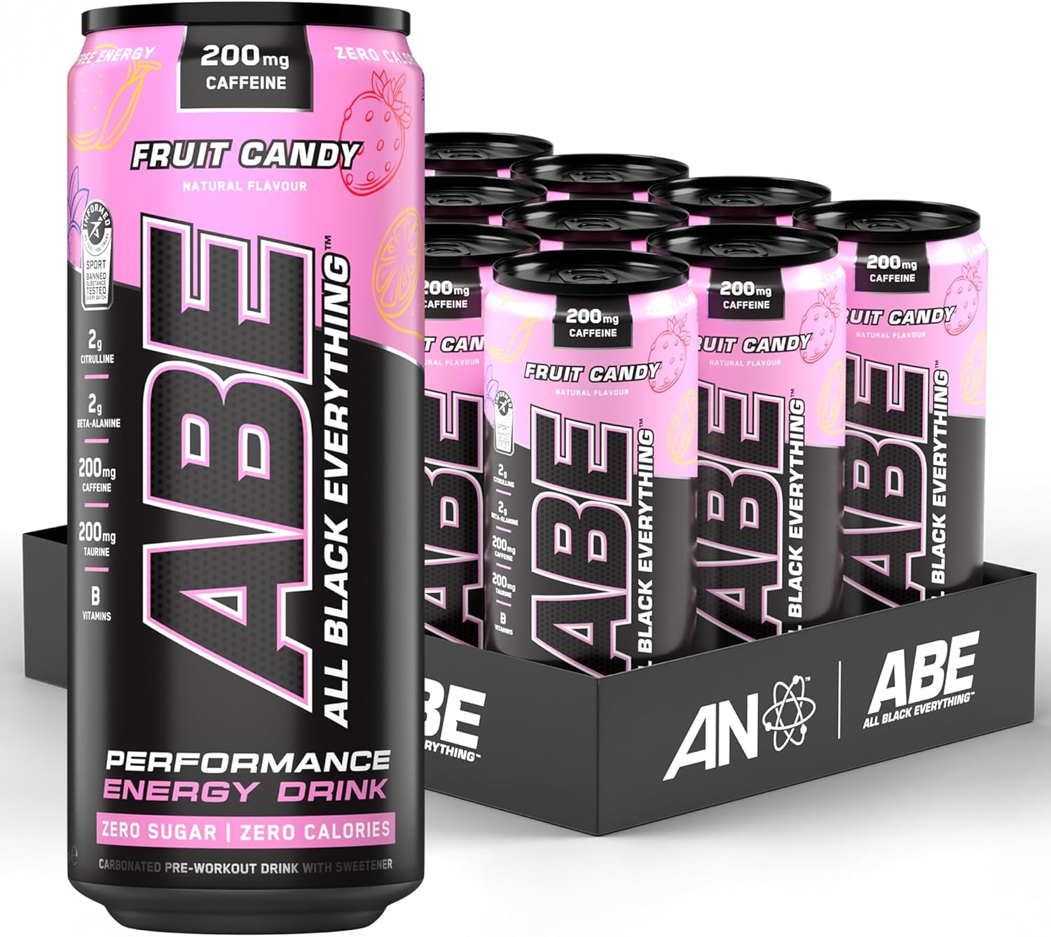 Applied Nutrition ABE Pre Workout Cans - All Black Everything Energy + Performance Drink, ABE Carbonated Beverage Sugar Free with Caffeine (Pack of 12 Cans x 330ml) (Fruit Candy)
