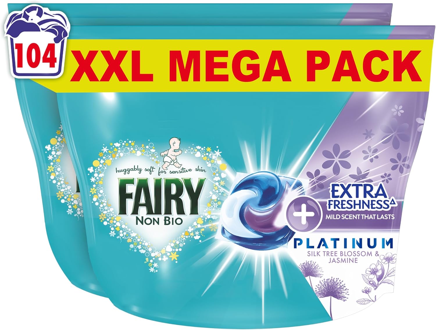 Fairy Non Bio Platinum PODS® Washing Liquid Capsules, 104 Washes (52x2), Silk Tree Blossom & Jasmine, With Extra Freshness For Sensitive Skin