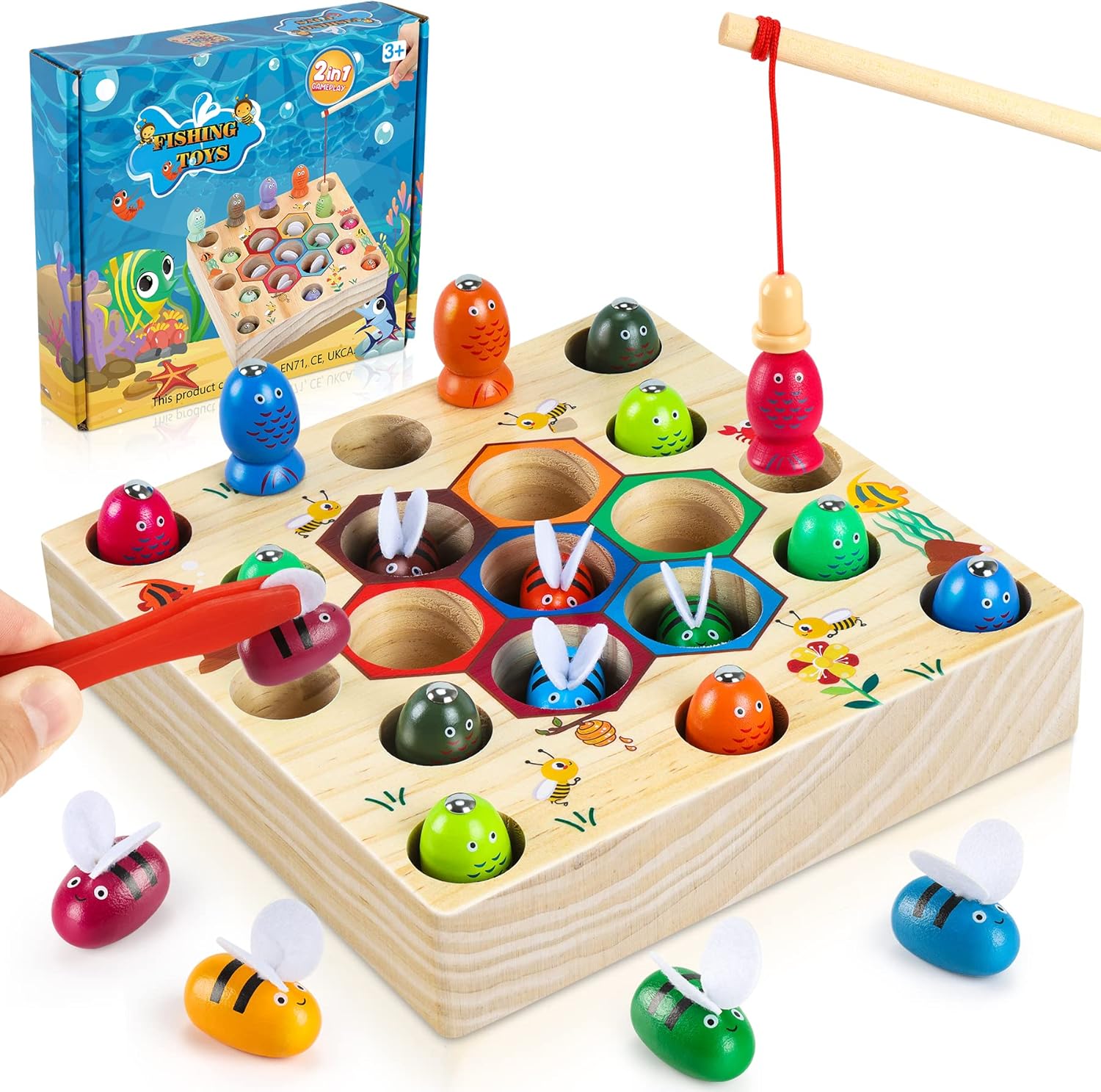 COOLJOY Wooden Fishing Game Toys Gifts for 2 3 4 Year Old Boy Girl | 2-in-1 Magnetic Wooden Toy | Montessori and Motor Skills Educational Suitable for Babies Birthday Gifts