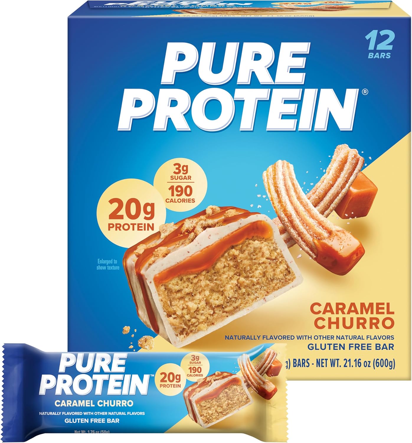 Pure Protein Caramel Churro Bars - 12 Count Box | 20g High Protein, Gluten-Free, On-the-Go Snack | Ideal Pre & Post-Workout Fuel | Low Sugar, Great Taste!