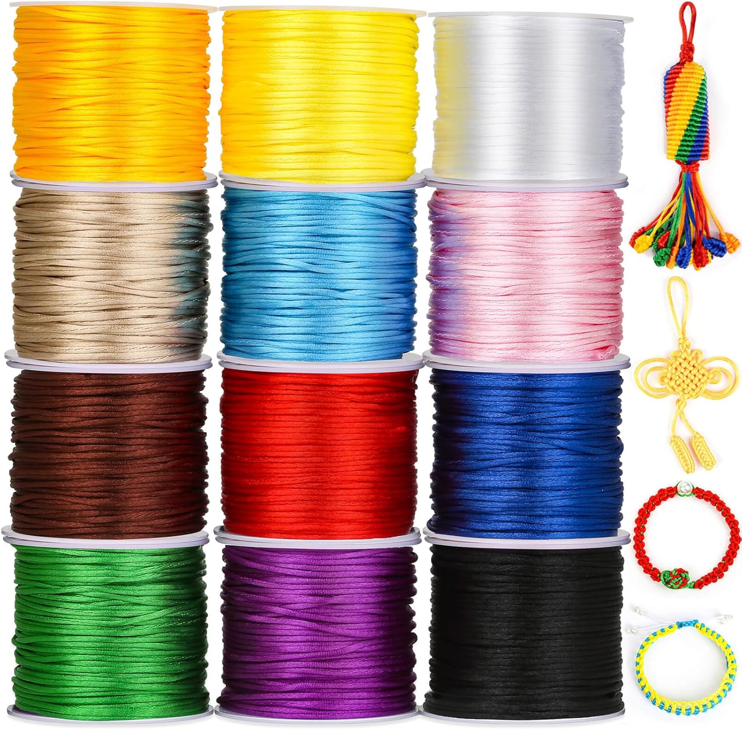 Cridoz 12 Rolls Nylon String for Bracelets, Satin Rattail Silk Cord Silky Beading String for Kumihimo, Braided Bracelets, Pendants Necklace, Macrame Craft, Keychains Lanyards, Jewelry Making