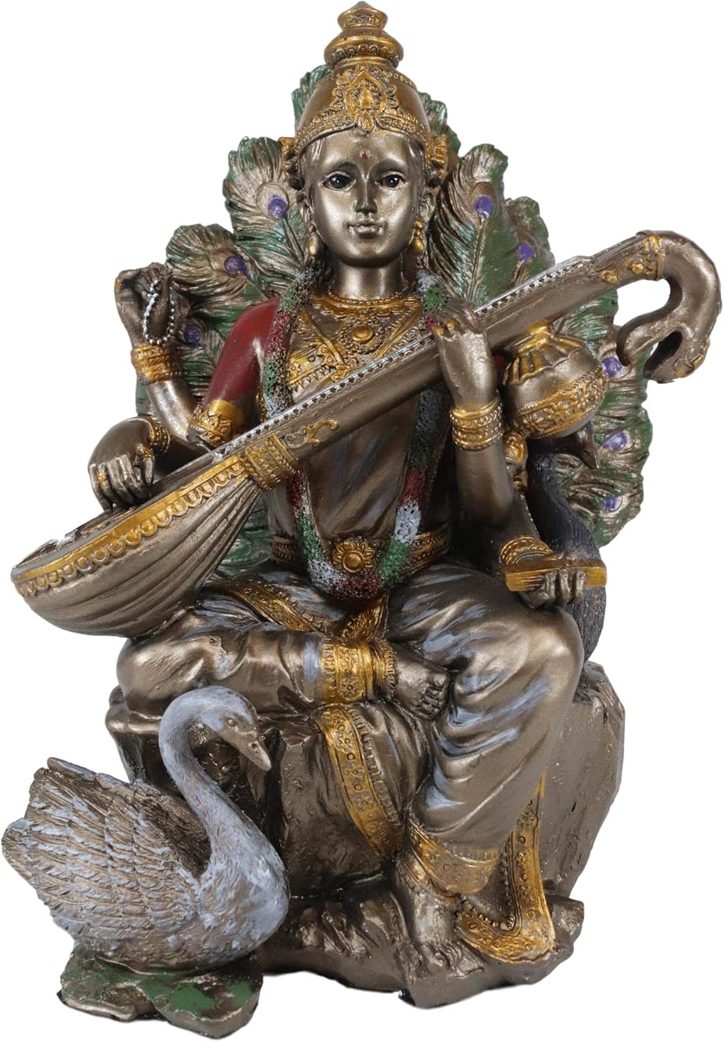 Ebros Hindu Goddess Saraswati Playing Veena with Swan Figurine Sitting On Peacock Lotus Throne Hinduism Deity Decor Altar Sculpture Eastern Enlightenment