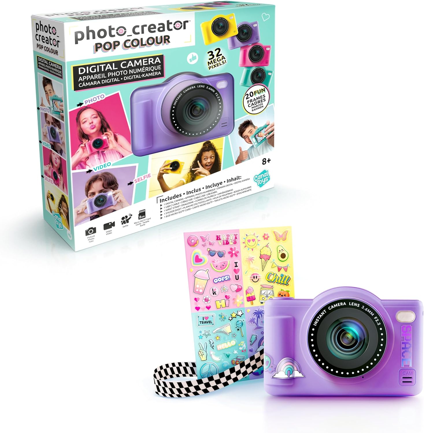 Photo Creator Pop Colour Digital Camera, Purple, 32-Megapixel, Large 2.4" Screen, Flash, Selfie Lens, Includes 8GB Micro SD Card, Kids - Teen Compact Camera, Ages 8+