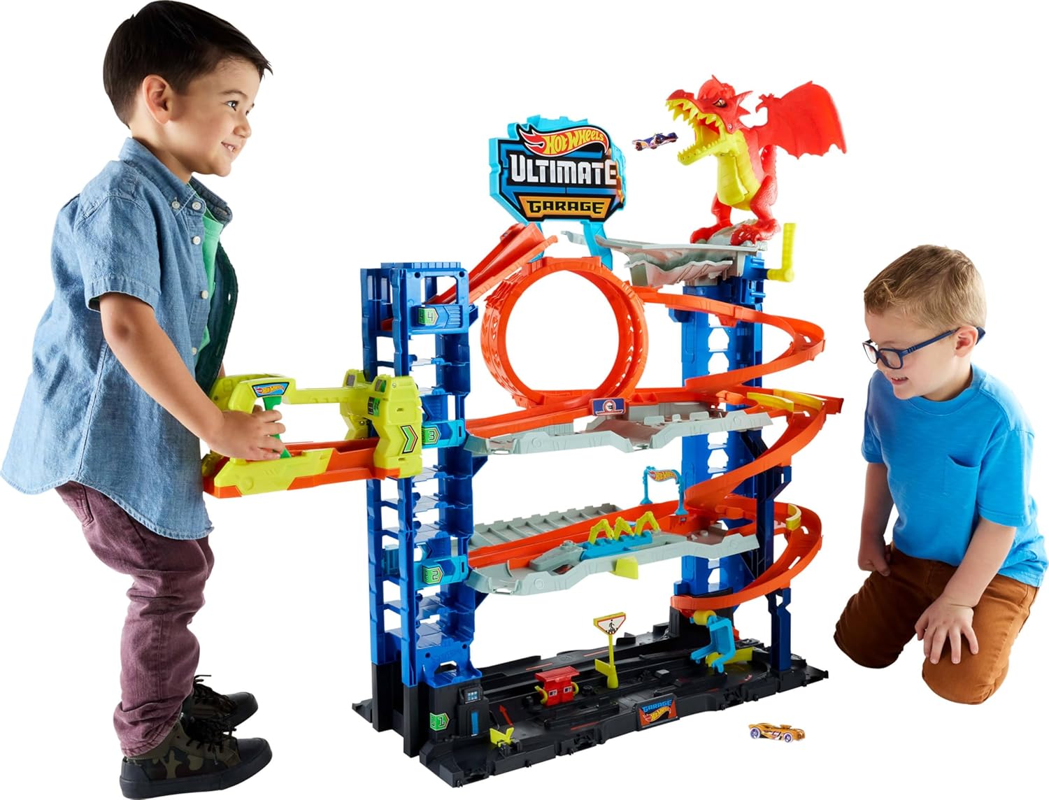 Hot Wheels City Ultimate Garage Track Set with 2 Die-Cast Toy Cars & Car-Eating Dragon, Stores 50+ Vehicles, 4 Levels