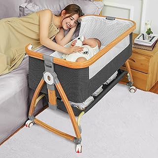 Bedside Bassinet for Baby,Baby Bassinet Bedside Sleeper,Bassinet Bedside Sleeper with Wheels,Storage Basket,Mosquito Nets,Easy to Assemble Bassinet for Newborn/Infant,Adjustable Bedside Crib