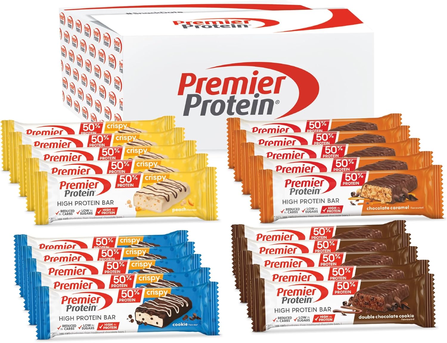 Premier Protein - High Protein Bar 50% - Multiflavourbox - 20x40g - Low Sugar - Low Carb - High Protein Bar