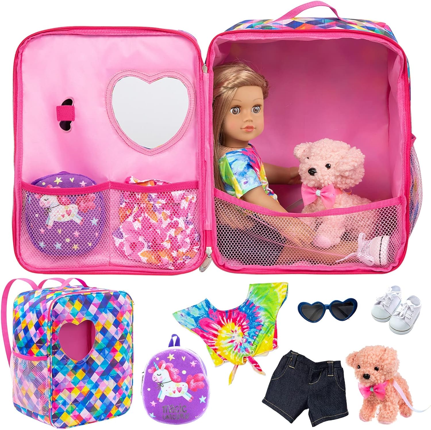 Ecore Fun 5 Items 18 inch Dolls Bag Set and Accessories Including 18 Inch Doll Clothes, Shoes, Sunglasses, Doll Backpack and Toy Dog