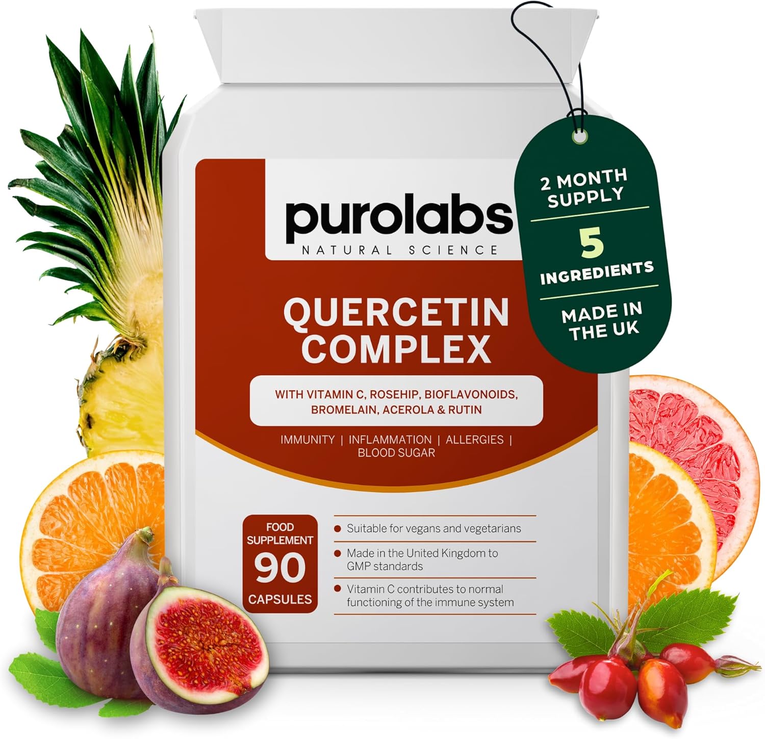 Purolabs Quercetin Complex 500mg with Bromelain & Vitamin C - 90 Vegan Capsules – Antioxidant Immune Support with Rosehip, Bioflavonoids and Rutin - Made in The UK