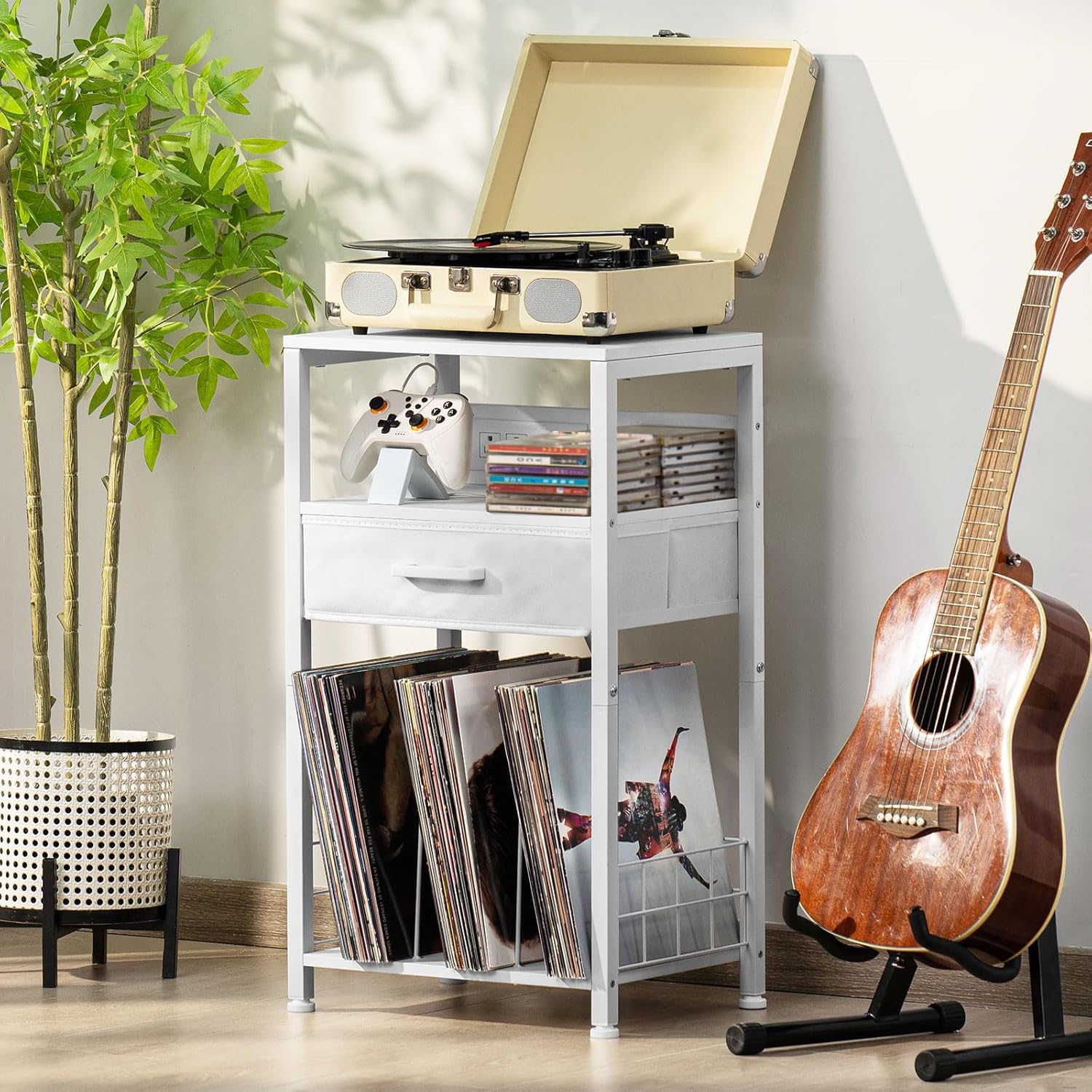 LELELINKY Record Player Stand with Fabric Drawer, 3 Tier End Table with Storage Up to 100 Albums,Turntable Stand for Vinyls, White Records Holder Shelf for Living Room, Bedroom