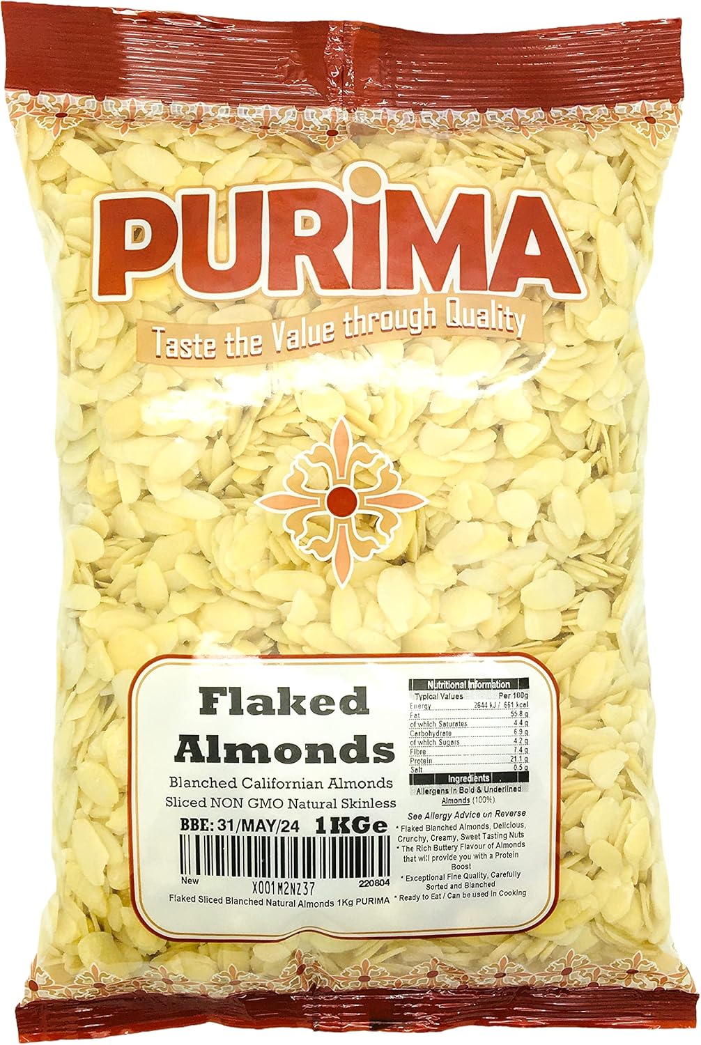 Flaked Almonds 1kg - 100% Natural Raw Sliced Blanched Almond Flakes 1 kg - Large Bulk Bag Premium Quality Blanch Almond Slices Slice Nut – Ideal for Baking Cakes Cereal Topper - Non GMO Vegan - PURIMA