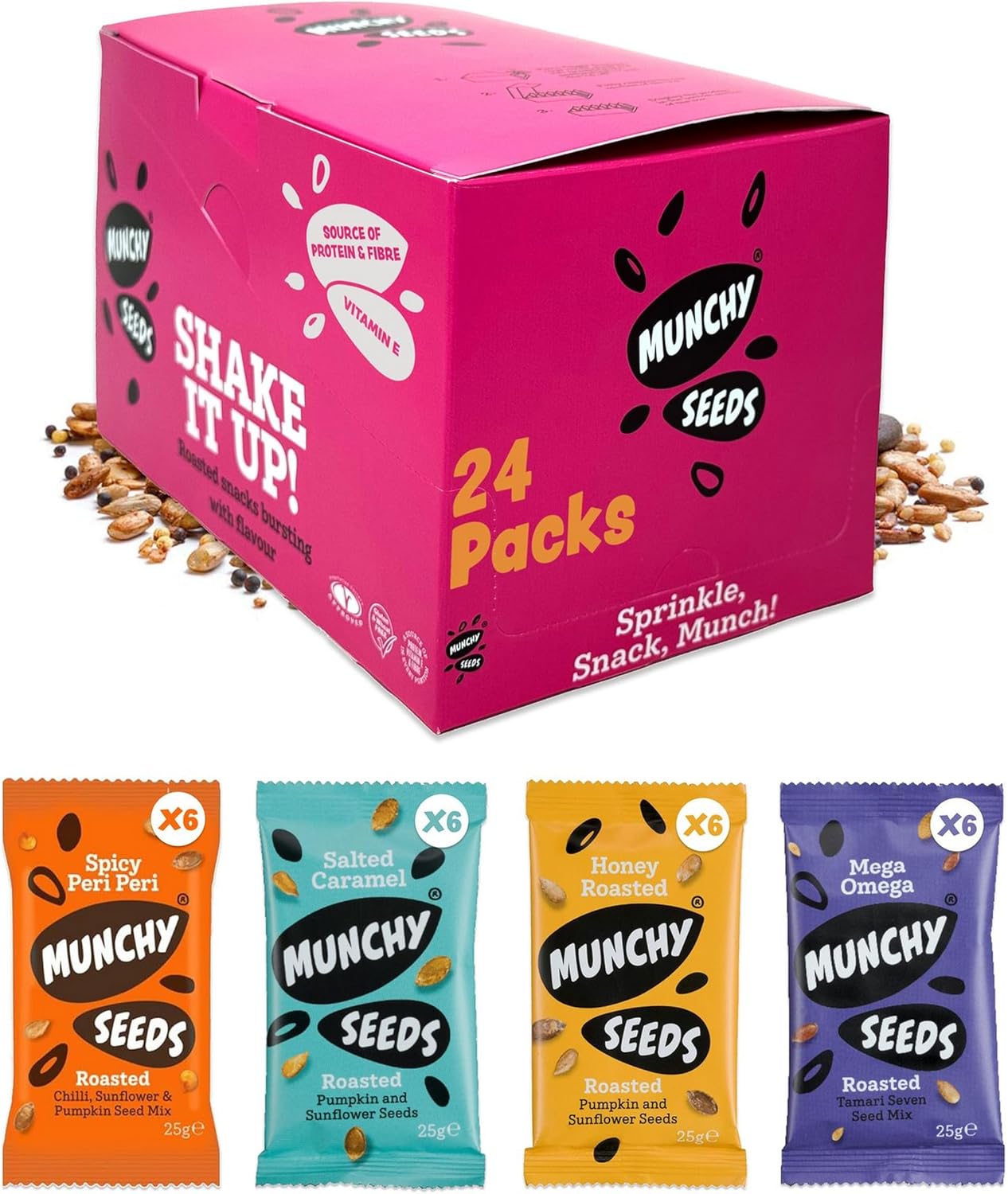 MUNCHY SEEDS Variety Pack - Honey Roasted, Peri Peri, Mega Omega, Salted Caramel - 24-Packs x 25g - Nutritious Seed Mixes Perfect for Lunchboxes and Snacking (6 Pcs Per Flavour) - Gluten-Free Snacks