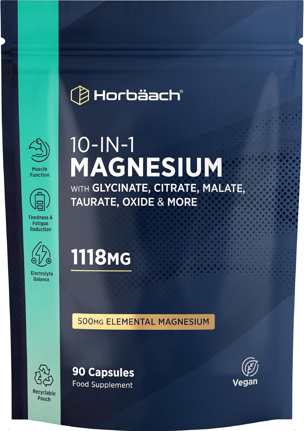 Magnesium Glycinate Complex | 500mg Elemental Magnesium | 10-in-1 Complex | Glycinate, Citrate, Malate, Oxide, Taurate & More | 90 Vegan Capsules | by Horbaach