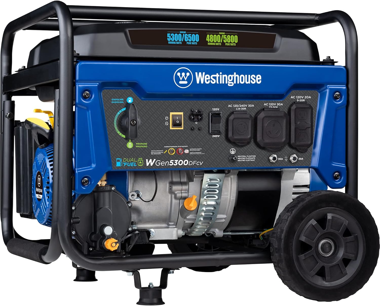 Westinghouse 6500 Watt Dual Fuel Home Backup Portable Generator, Transfer Switch Ready 30A Outlet, RV Ready 30A Outlet, CO Sensor