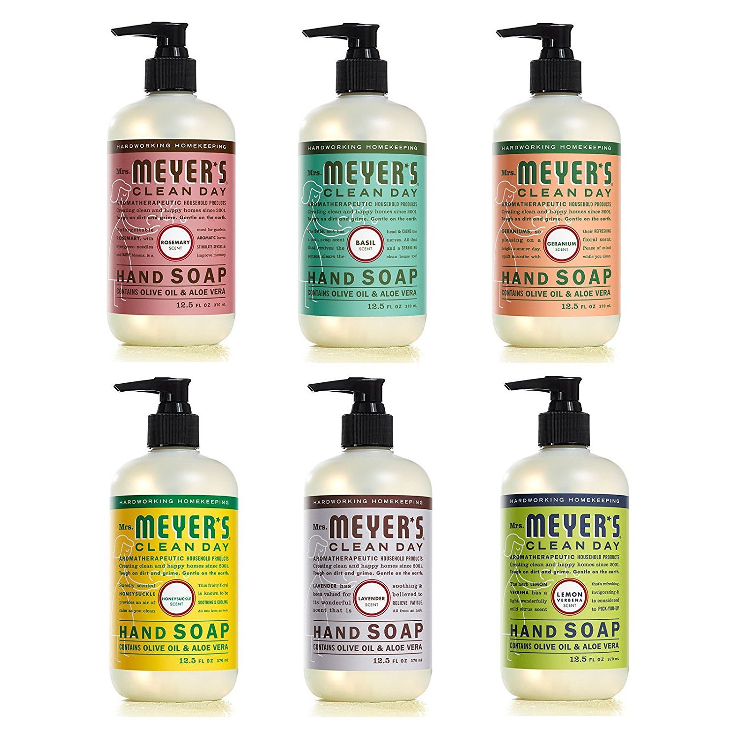 MRS. MEYER'S CLEAN DAY Hand Soap Scent Variety Pack Includes 1 of Each, Rosemary + Basil + Geranium + Honeysuckle + Lavender + Lemon Verbena, (Count of 6)