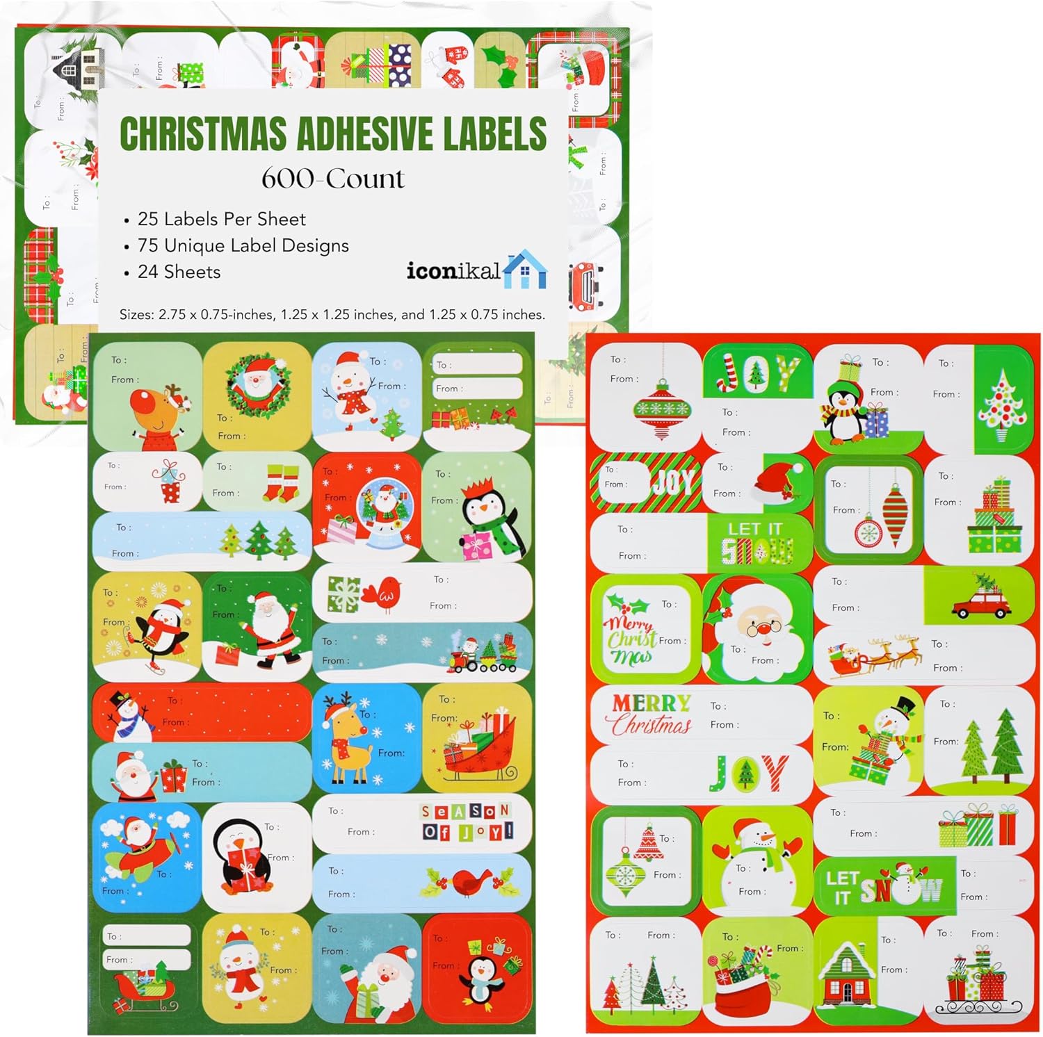 Iconikal 600-Count Christmas Gift Tags Labels with Assorted Printed Designs for Boxes, Bags, Stocking Stuffers, Self-Adhesive, Party Favors, and More