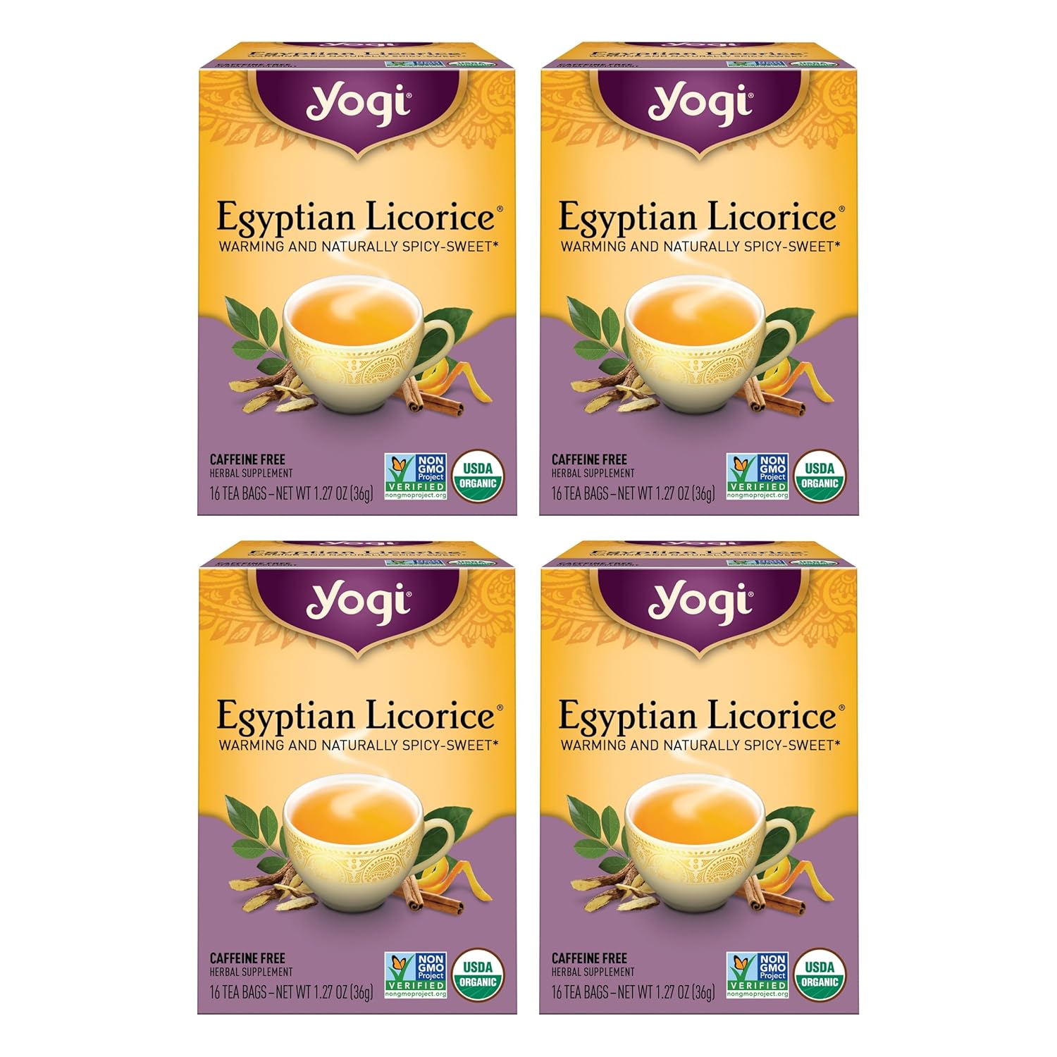 Yogi Tea Egyptian Licorice Tea - 16 Tea Bags per Pack (4 Packs) - Organic Licorice Tea Bags - Includes Licorice Root, Cinnamon Bark, Orange Peel, Ginger Root, Cardamom Pod & More