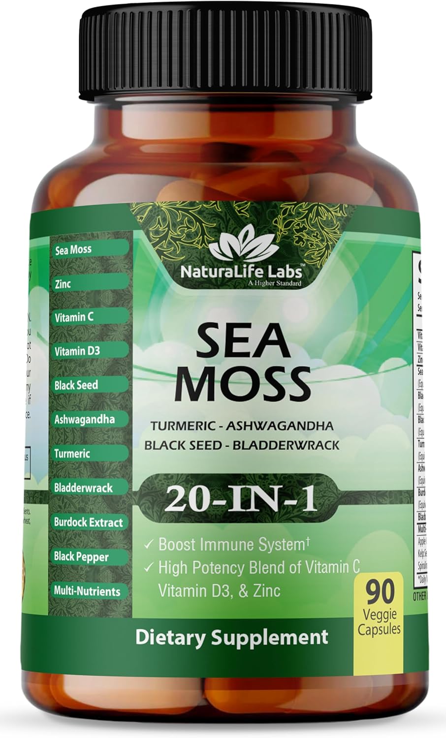 Sea Moss, Black Seed Oil, Bladderwrack, Turmeric, Ashwagandha, Burdock, Vitamin C, D3, Yellow Dock Root, Manuka, Dandelion - 90 Veggie caps