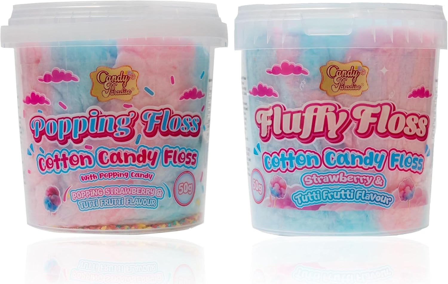 Candy Paradise Cotton Candy, Fluffy & Popping Floss Cotton Candy Floss (50g (Pack of 2), Popping + Fluffy (Strawberry & Tutti-Frutti))