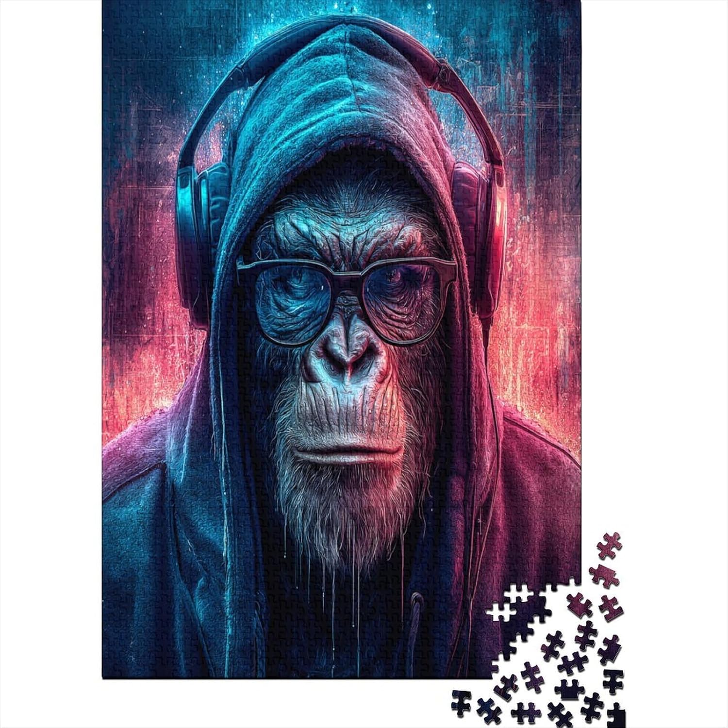 Gorilla in A Hoodie, Glasses And Headphones Jigsaw Puzzles Challenge Toy Educational Games Home Decoration for Adults& Teenager Age 14 Years Up 70x50cm/1000pcs