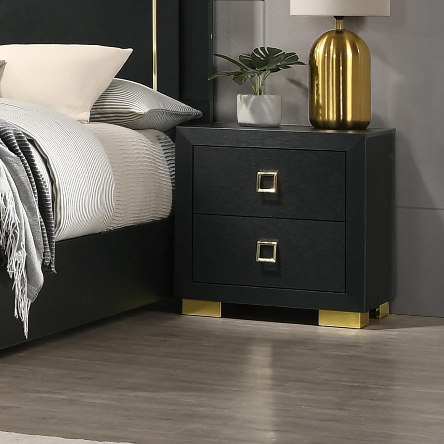 Furniture of America Yuela Modern Contemporary Wood 24-inch 2-Drawer Nightstand with Gold Trim, Metal Bracket Legs, Easy Assembly for Bedroom, Guest Room, Black
