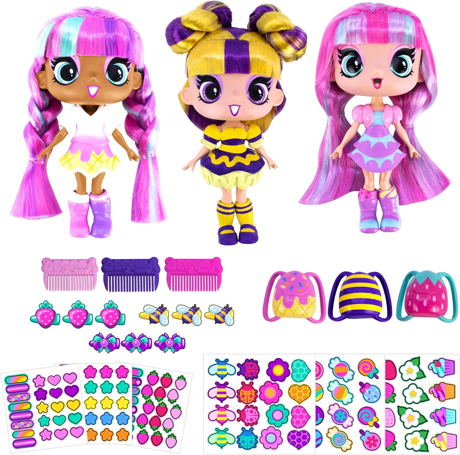 DECORA GIRLZ 5" Dolls -3 Pack B - Blossom, Buzzy, and Sweetie | Fashion Dolls for Ages 4 and Up | Surprise Birthday Gift for Children | Set of Doll Clothes, Stickers, Dolls & Accessories