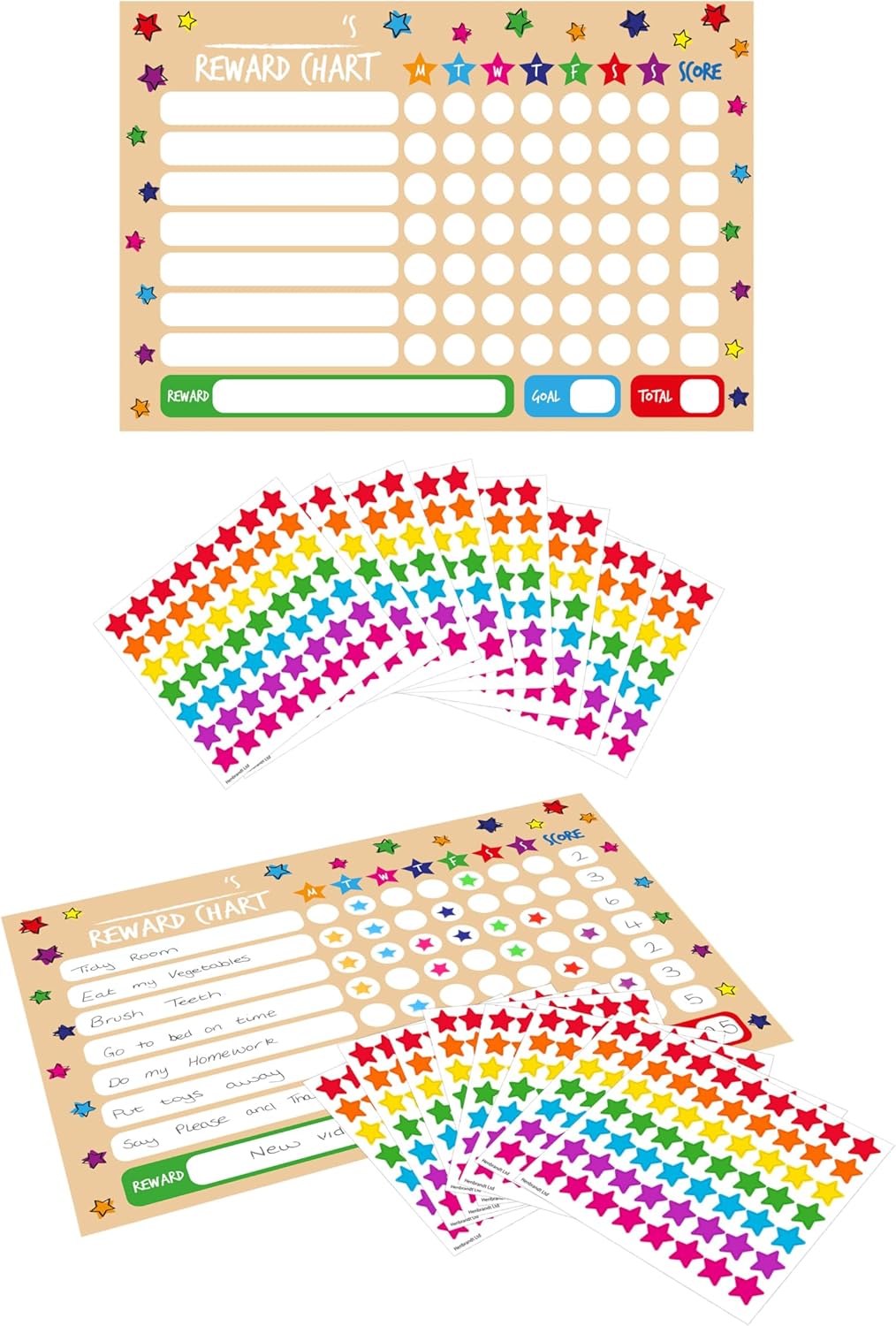 Henbrandt Single Children’s A4 Reward Chart with Colourful Star Stickers - Pack of 8 - Positive Motivation Star Chart for Chores + Good Behaviour at Home and Classroom for Boys and Girls