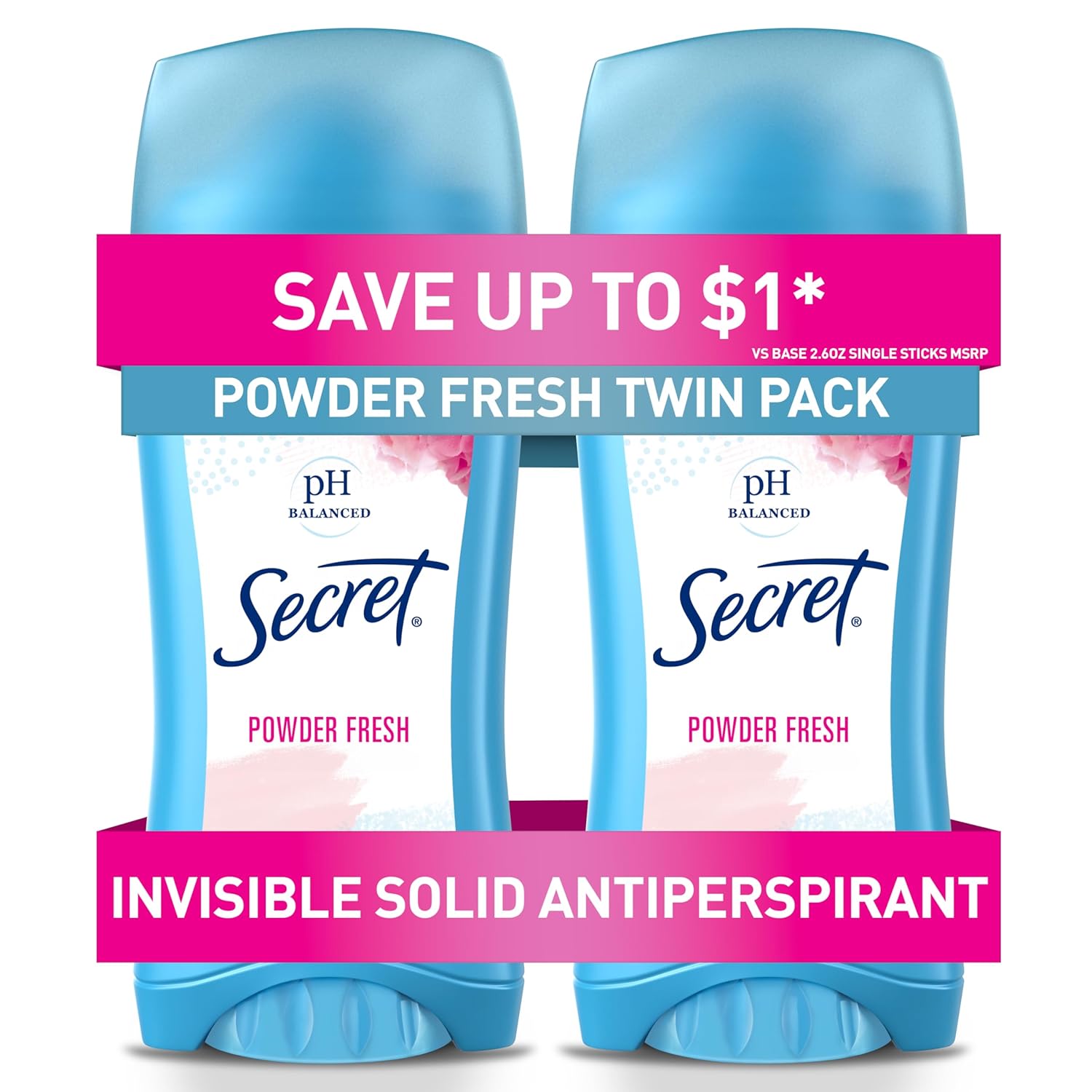 Secret Antiperspirant and Deodorant for Women, 24hr Sweat & Odor Protection, PH Balanced Protection, Gentle on Skin, Invisible Solid, Powder Fresh Scent, 2.6 oz (Pack of 2)