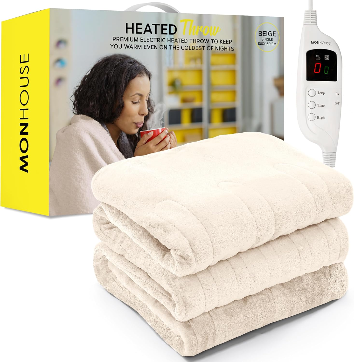 MONHOUSE Heated Throw - Electric Blanket - Digital Controller - Timer up to 9 hours, 9 Heat Settings, Auto Shutoff - Machine Washable - Single 130X160cm - BEIGE