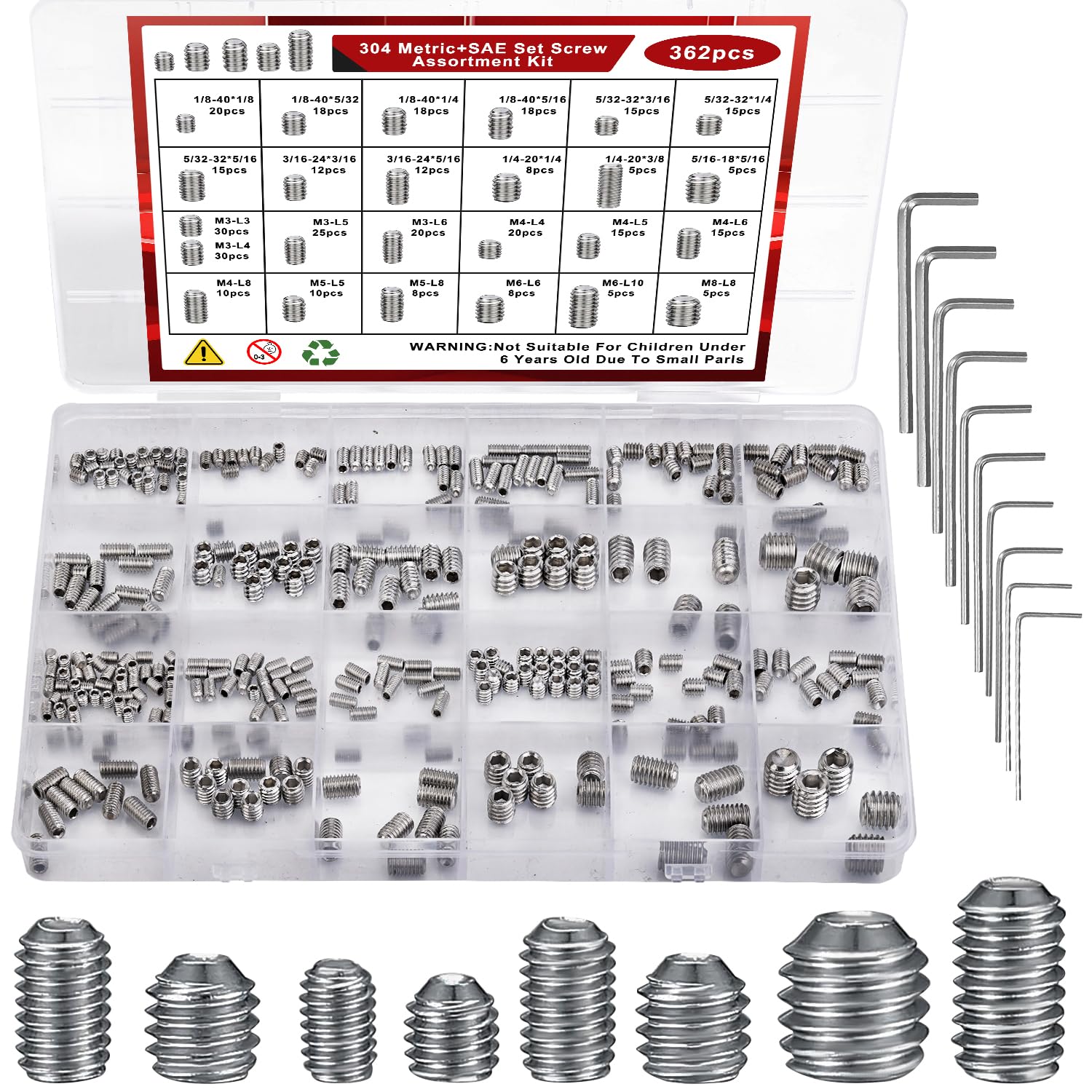 360 Pcs 25 Size Set Screw Assortment Kit Metric & SAE Allen Set Screws for Bathroom Fixture 304 Stainless Steel Internal Hex Drive Cup-Point for Door Knob, Faucets(M3-M8, 1/8"-40 to 5/16"-18)
