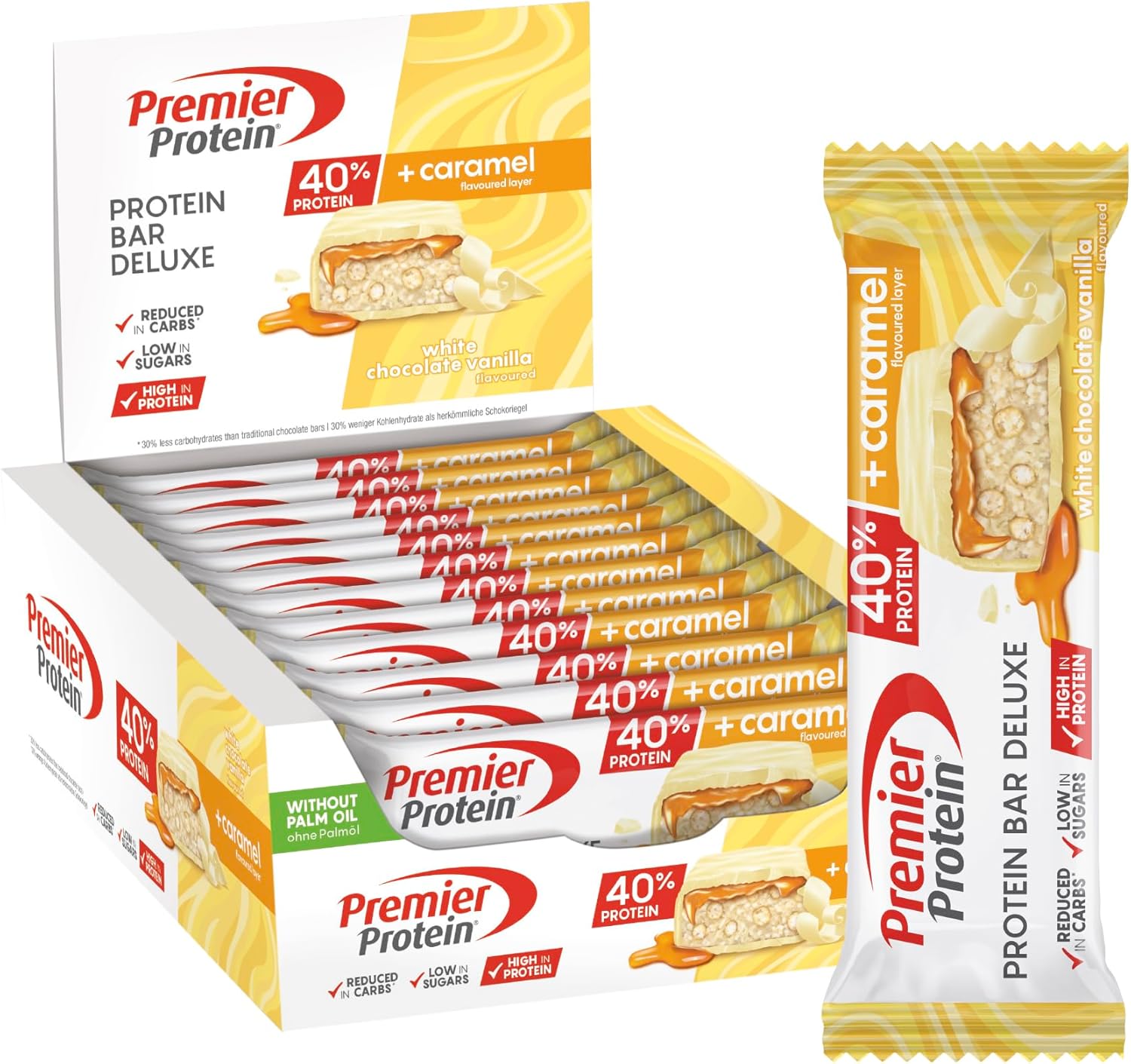 Premier Protein Bar Deluxe White Chocolate Vanilla 12x50g - High Protein Low Sugar + Carbohydrate Reduced + Palm Oil Free