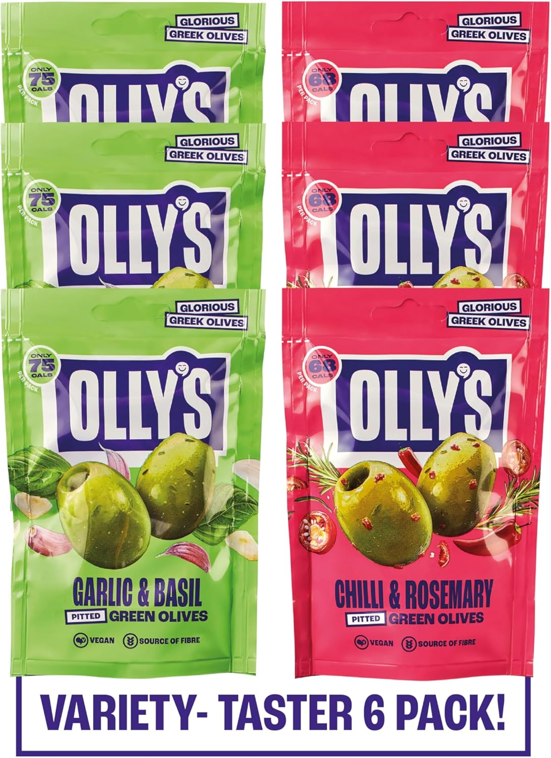 Olly's Olives, Taster Pack, 50g (Pack of 6), 100% Natural Ingredients, Handy Snack Pouches, Healthy Vegan Snacks, Low Calorie, Source of Fibre, No Preservatives, Gluten Free