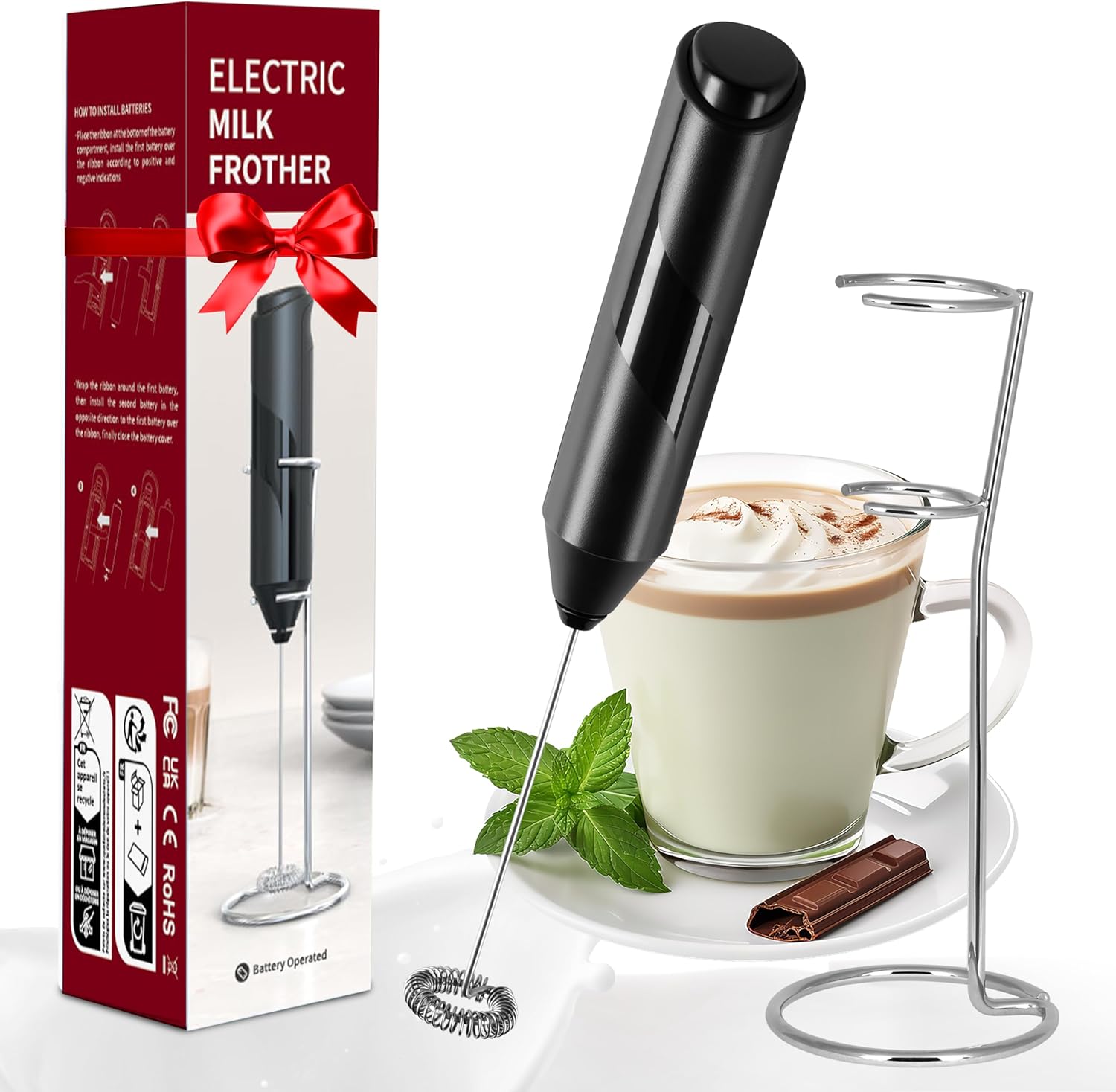 HealSmart Milk Frother Handheld, Battery Operated Whisk Maker with Stainless Steel Stand Hand Drink Mixer for Coffee, Lattes, Cappuccino, Matcha, Black