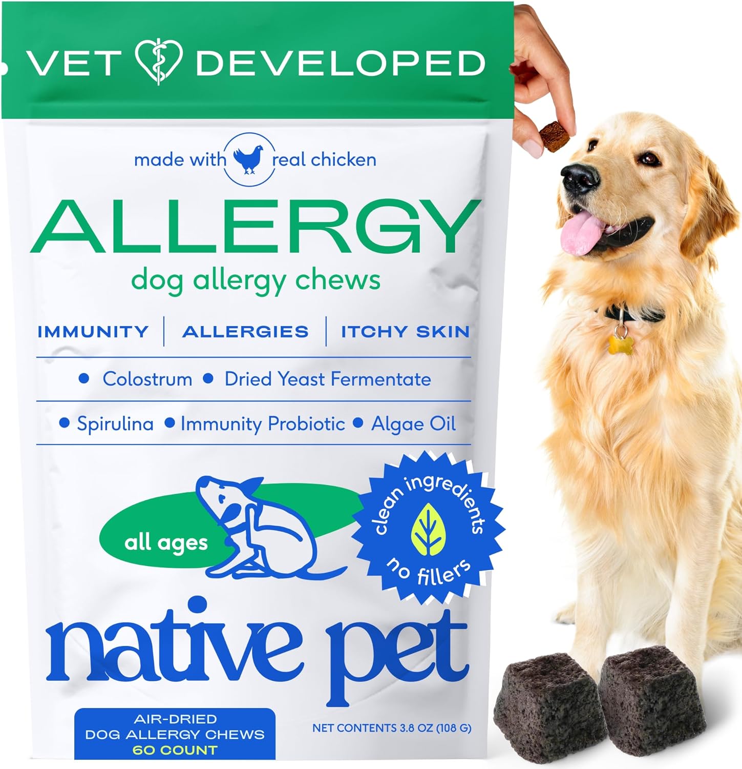 Native Pet Dog Allergy Chews - Dog Allergy Relief with Probiotics and Colostrum for Itchy Skin Relief to Support Seasonal Allergy and Healthy Immune System - All Natural Anti-Histamine - 60 Chews