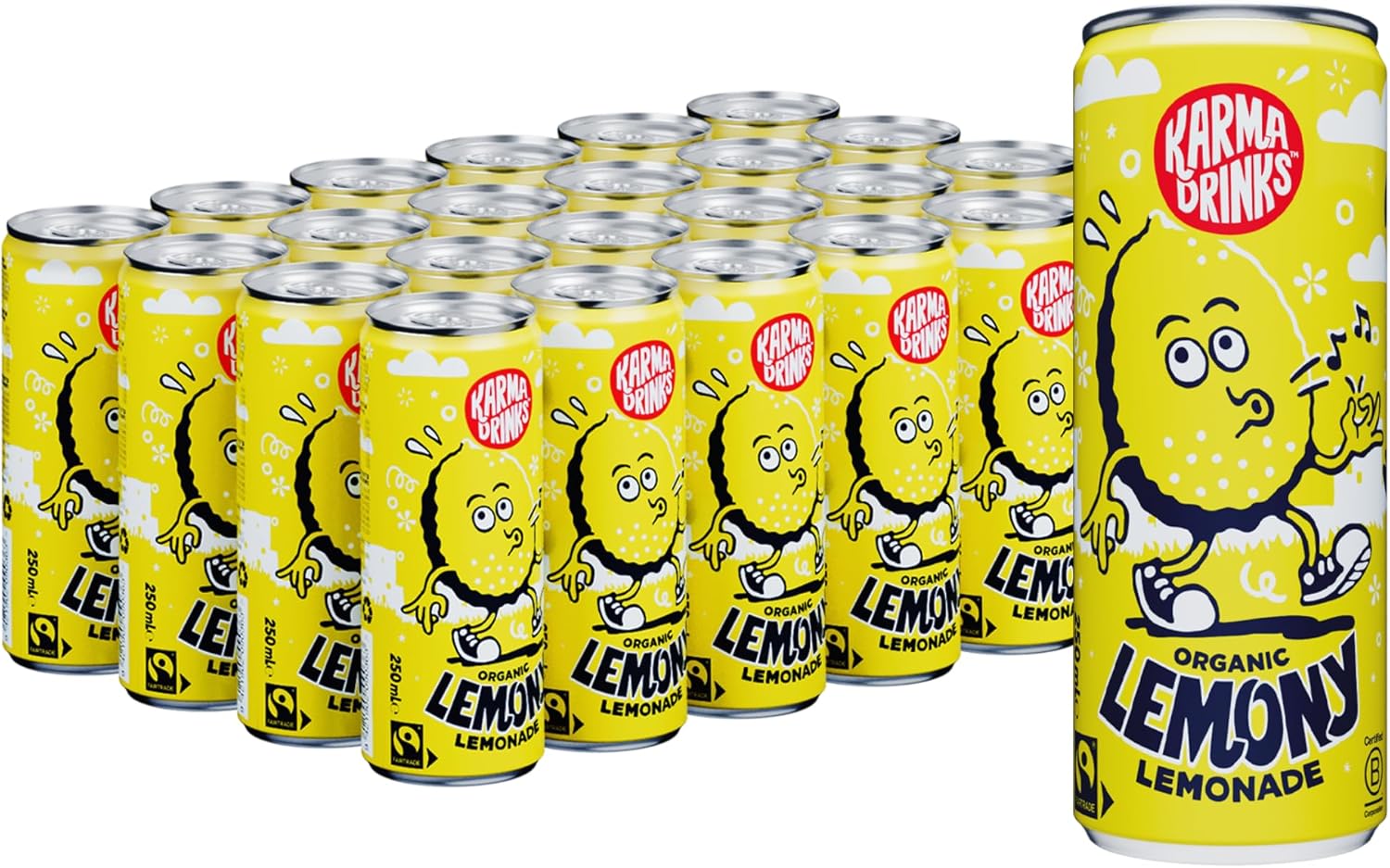 Karma Drinks Lemony Lemonade (24 x 250ml Cans), Natural Ingredients, Fairtrade, Gluten Free, Vegan Friendly, Delicious Soft Drink, Carbonated Fizzy Drink, Organic, No GMO