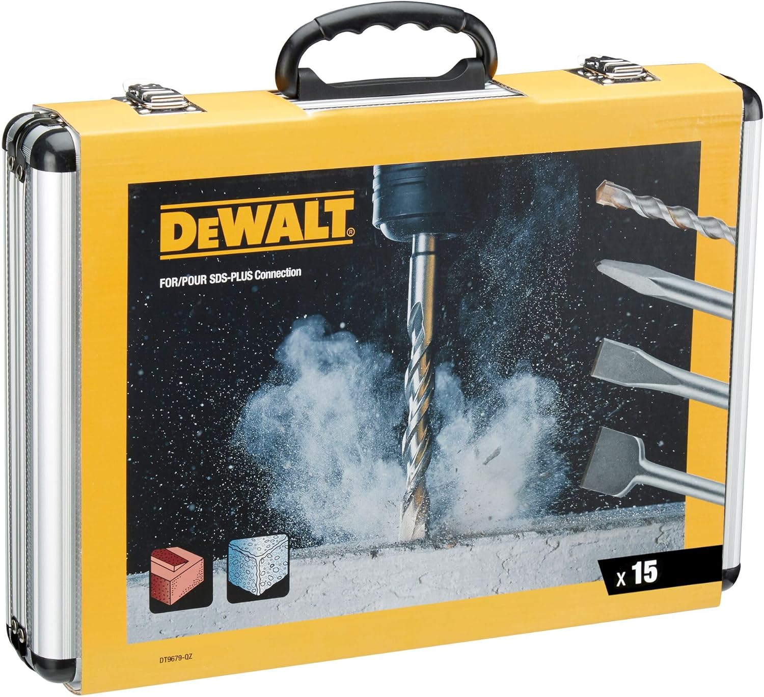 DeWalt Chisel and Drill Set, 15 Pieces SDS Plus: 4 x Flat chisels, 1 x Pointed Chisel, 10 x SDS Plus high Performance Drill bits, Including 1 x Aluminium case, DT9679