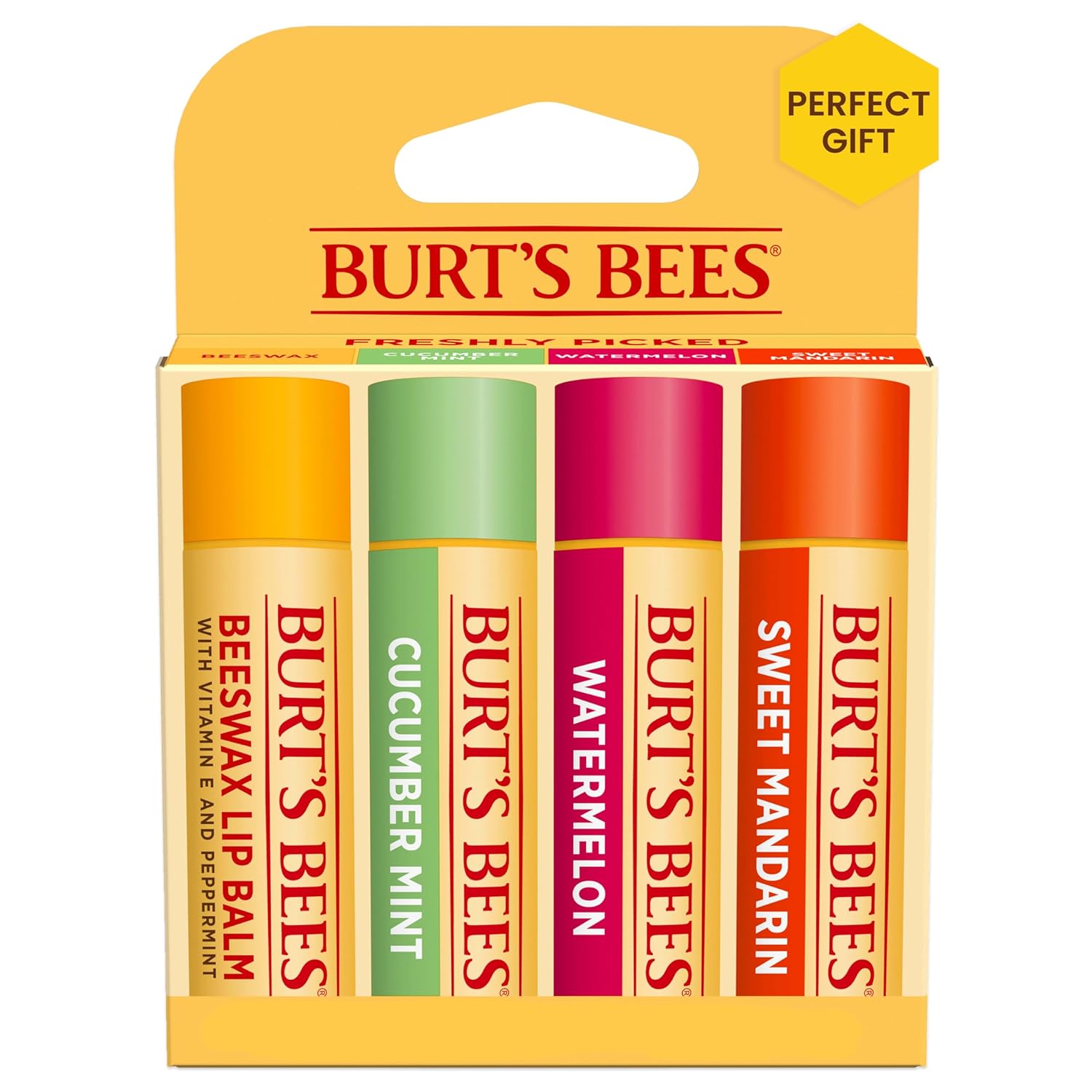 Burt's Bees Lip Balm Stocking Stuffers, Moisturizing Lip Care Christmas Gifts, Freshly Picked - Original Beeswax, Cucumber Mint, Watermelon, & Sweet Mandarin, Natural Origin Treatment (4-Pack)