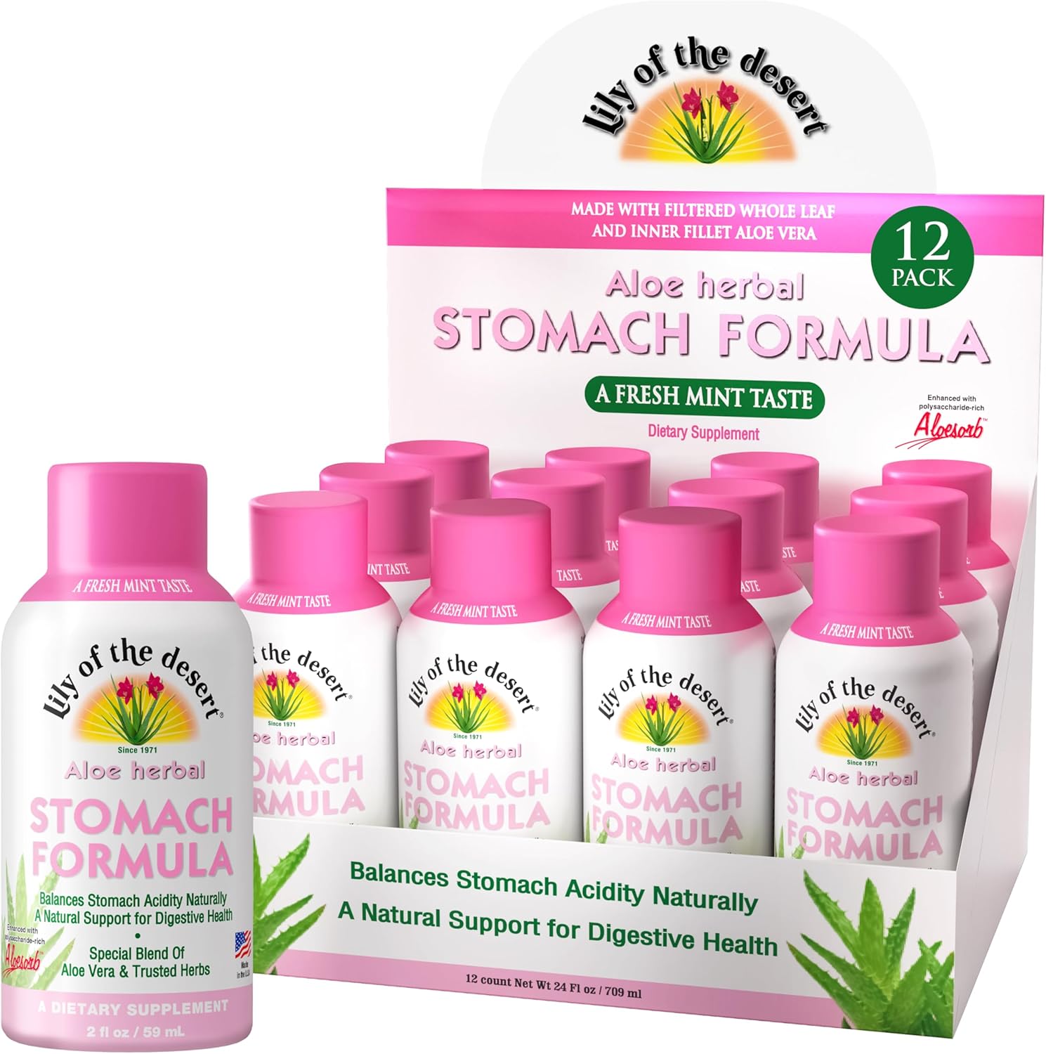 Lily of the Desert Stomach Formula Shot, 12-Pack – Organic Aloe Vera Juice with FOS Prebiotic and a Proprietary Herbal Blend, 2 Oz Ea