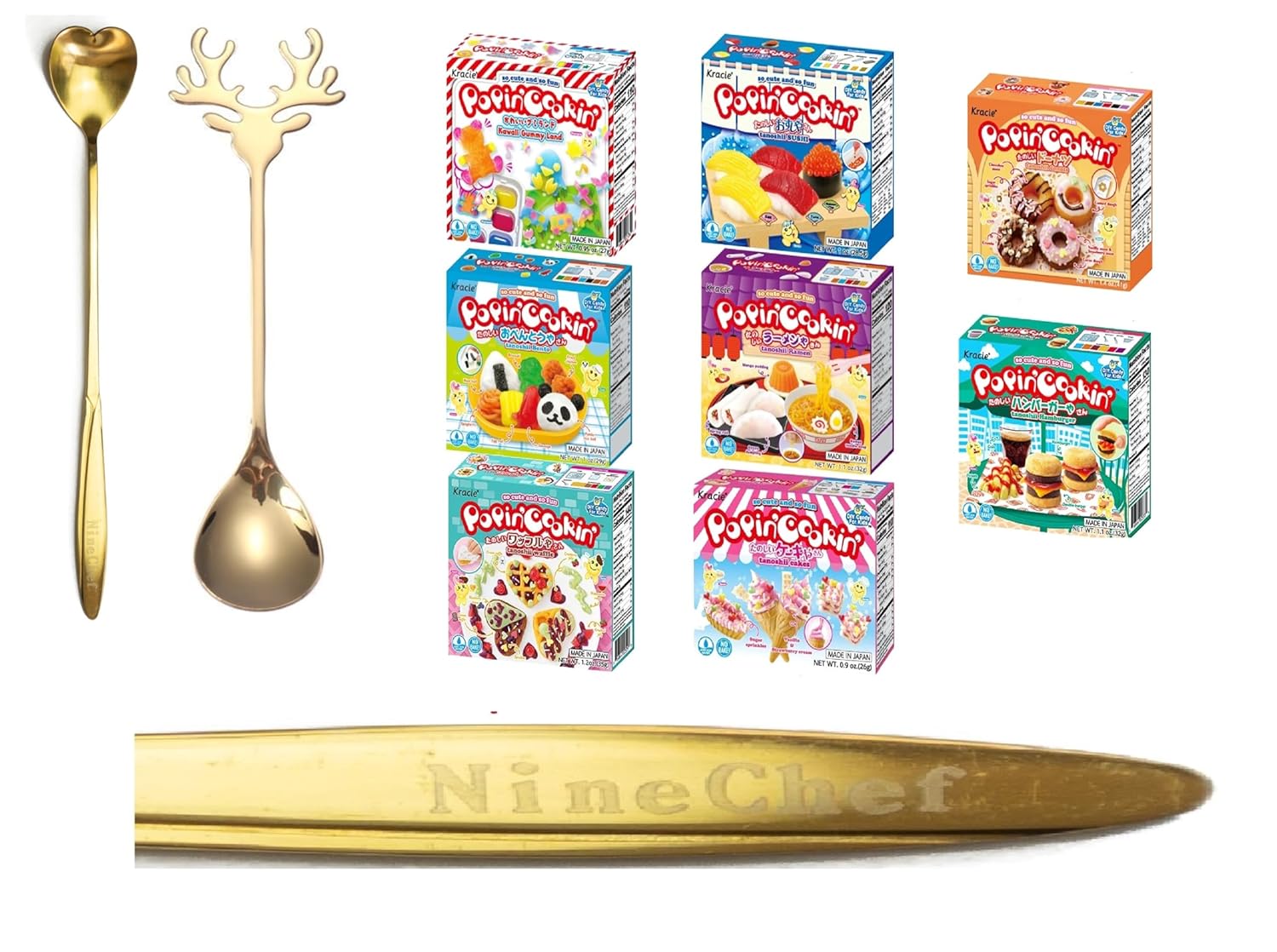 Kracie Popin Cookin DIY Candy Making Kit (8 Flavors) English Instructions Perfect For Kids Plus 2 NineChef Brand Spoon.