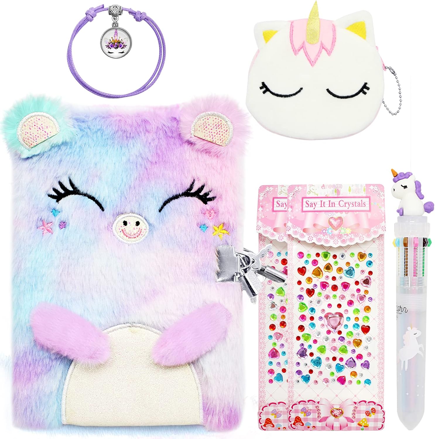 ICEBLUEOR Secret Diary with Lock for Girls, Plush Cat Journal Notebook Set with Unicorn Coin Purse/Pen/Bracelets/Crystal Heart Stickers, Cute Girls Birthday Gifts for Age at 6 7 8 9 10 Years Old
