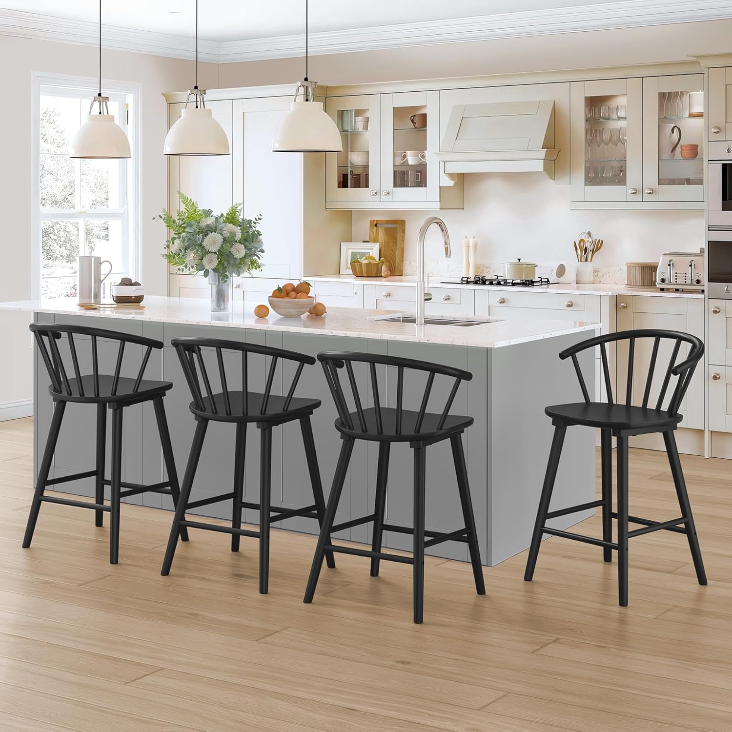 LUE BONA Bar Stools Set of 3, Black Farmhouse Barstools with Semicircular Backrest, Mid Century Modern Counter Height Bar Stools for Kitchen Island, 24 Inch