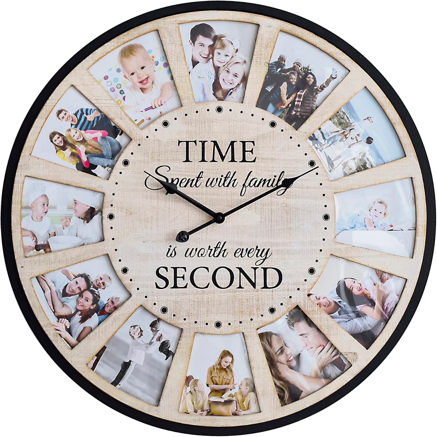 12 Photo Collage Rustic Wood Farmhouse Wall Clock, Large Family Picture Wall Clock for Living Room, Home, Kitchen, Silent Battery Powered 24 Inch Natural