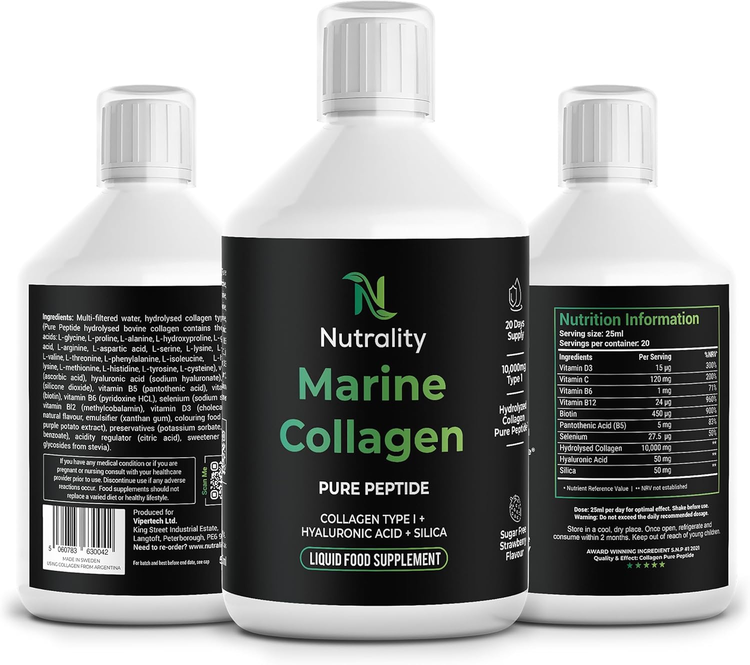 Nutrality Marine Collagen Sugar Free Liquid | Peptides & Hyaluronic Acid | Healthy Skin, Hair, Nails | Vitamins C, B5, B6, B12, D3, 10,000mg Type 1 | Fruit Juice Flavour | 500ml (3 Bottles)