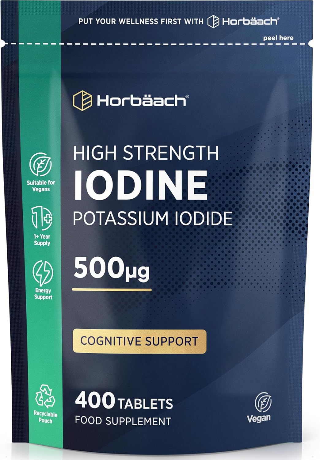 Iodine Tablets 500mcg Potassium Iodide | 400 Vegan Tablets (1+ Year Supply - 1 Per Day) | High Strength Formula | 100% Recyclable & Resealable Pouch | by Horbaach