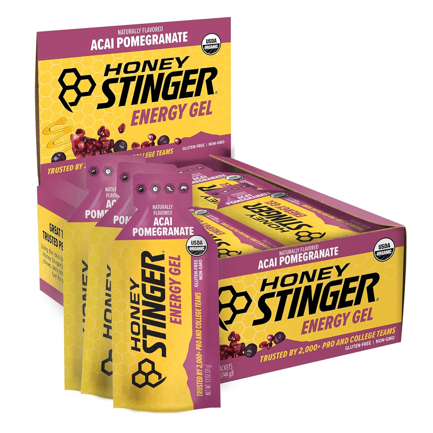 Honey Stinger Organic Acai Pomegranate Energy Gel, Gluten Free & Caffeine Free, for Exercise, Running and Performance, Sports Nutrition for Home & Gym, Pre and Mid Workout, 24 Pack, 26.4 Ounce
