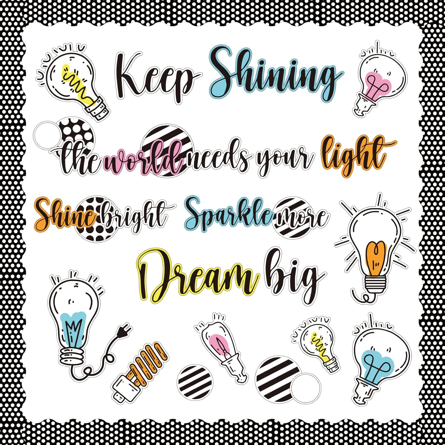 Simply Stylish Motivational Bulletin Board Set with Bulletin Board Border Keep Shining Positive Saying Accent Class Decor for Teacher Motivational Accent Light Bulb Cutout for Class School Decoration
