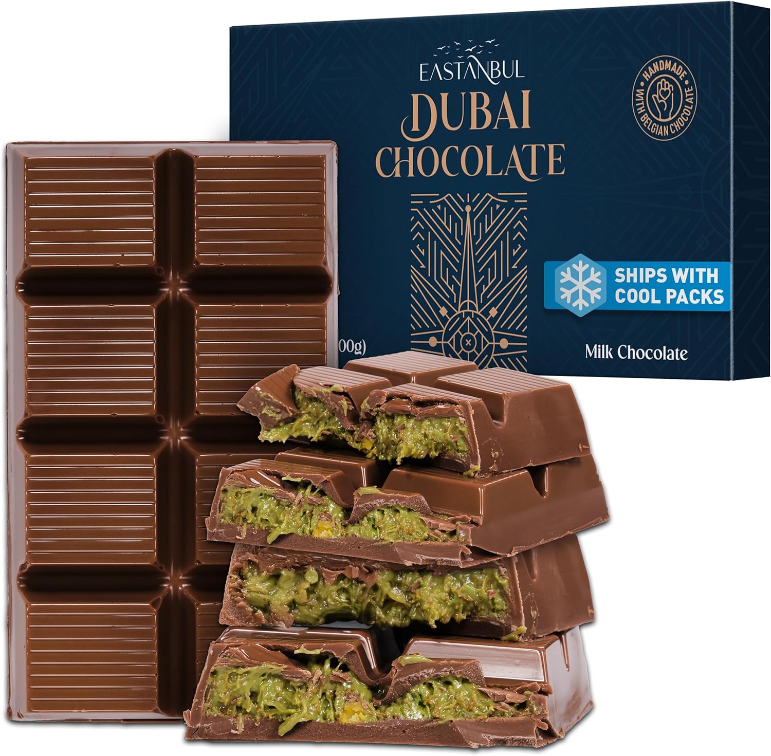 Eastanbul Dubai Chocolate Bar Pistachio, 200g, Premium Pistachio Dubai Chocolate Bar, Viral Candy with Shredded Phyllo Dough, Knafeh, Gift Box