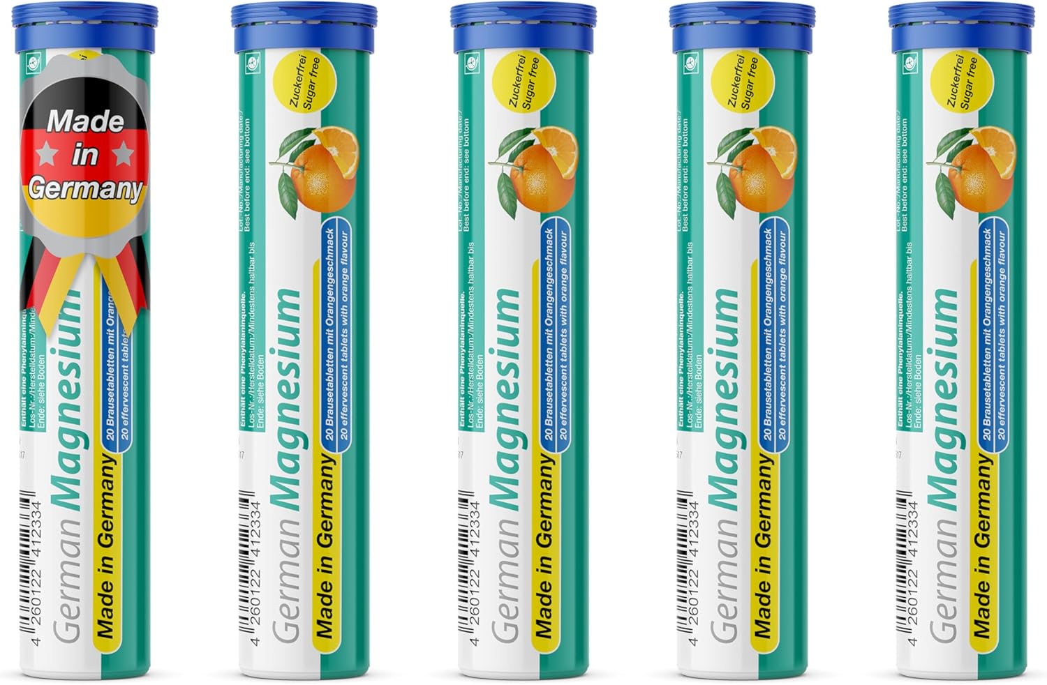 Magnesium 200 mg - 5 x 20 effervescent Tablets - Orange Flavor - T&D Pharma German Magnesium - Made in Germany