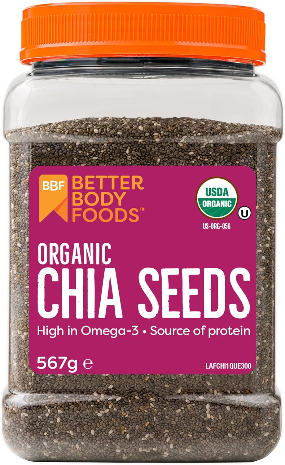 BetterBody Foods Organic Chia Seeds - Source of Omega-3, 5g of Protein, 10g of Fibre - Vegan, Keto, Gluten Free and Non-GMO Flavour Neutral Favourite - 567g